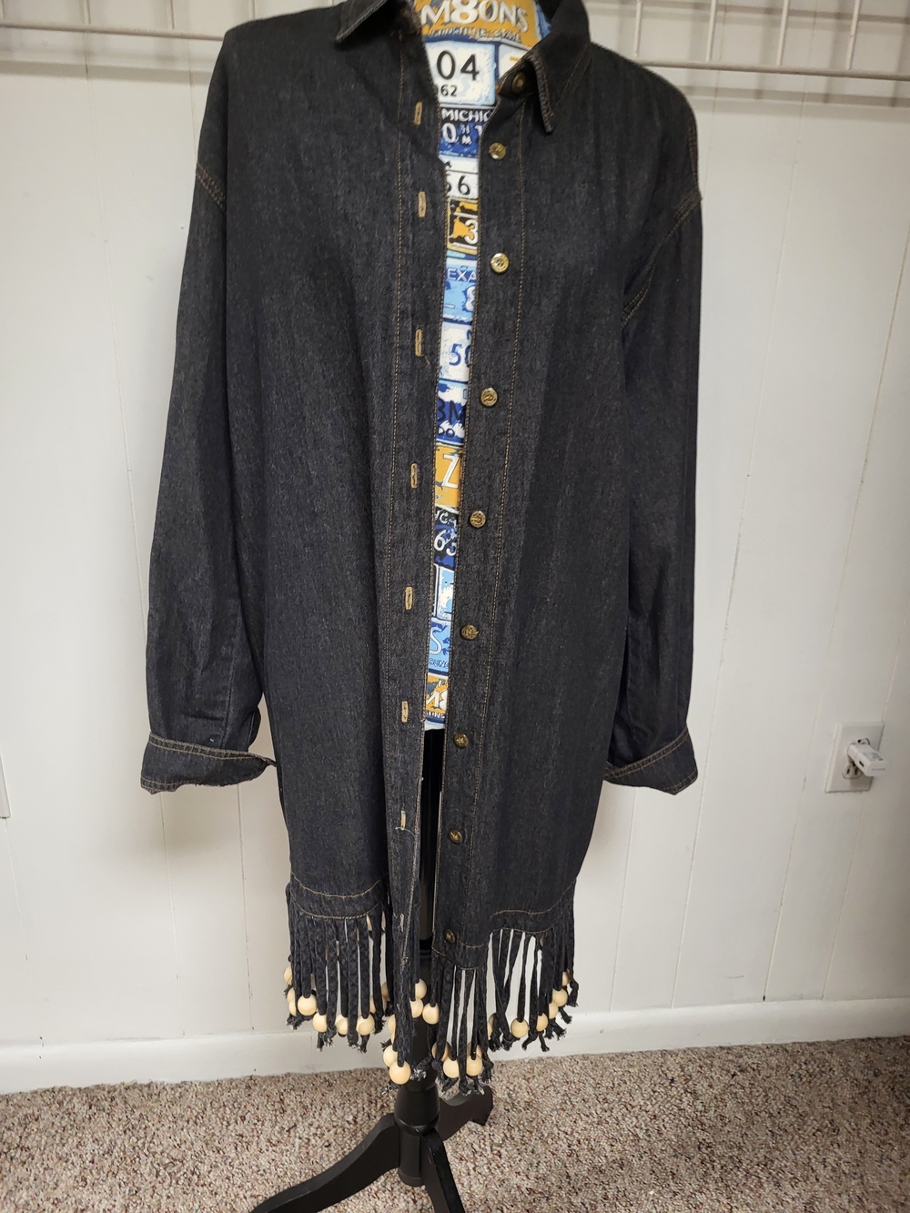 Fringed Boho Black Denim Button-Front SHacket - Vintage Inspired, L